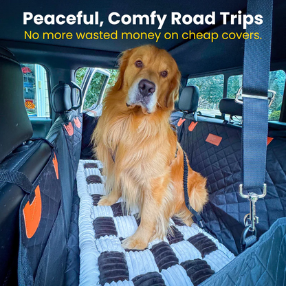 FurMuse CozyRider pet car mat in neutral fabric, featuring padded design and adjustable straps for comfortable car rides.