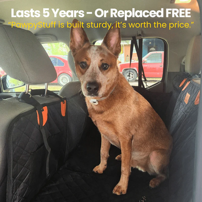 FurMuse CozyRider pet car mat in plush fabric with paw print design, featuring five-year replacement guarantee for pet travel comfort.