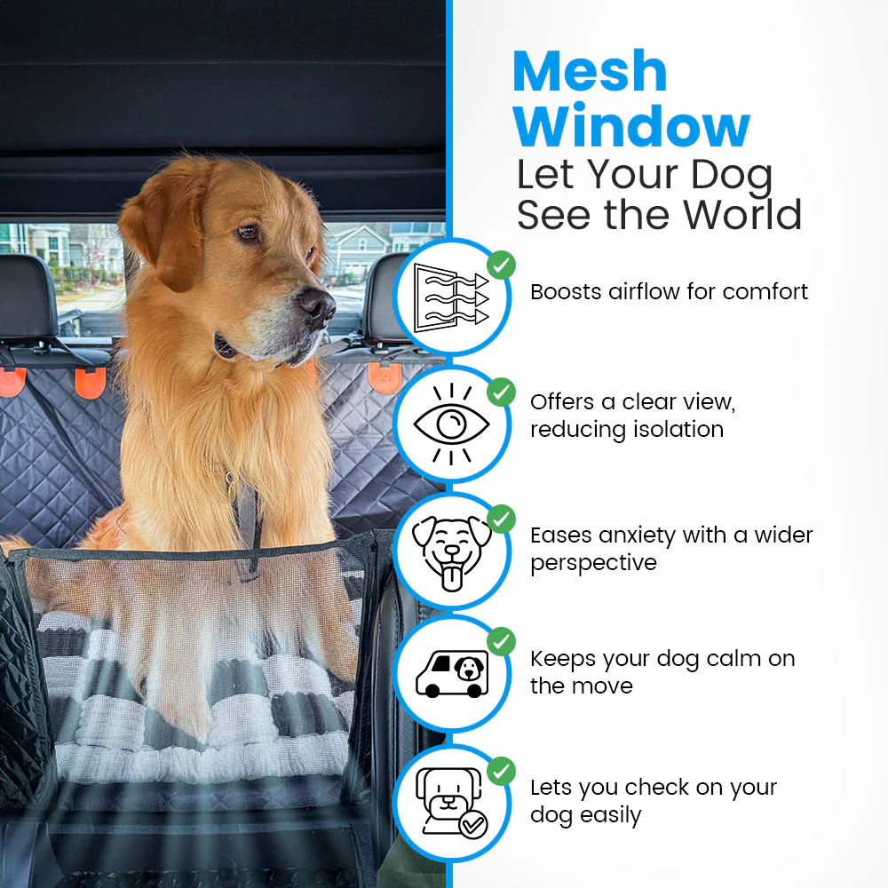 FurMuse CozyRider pet car mat with hard bottom and backseat extender, providing comfort and protection for pets during car rides.