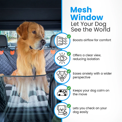 FurMuse CozyRider pet car mat with hard bottom and backseat extender, providing comfort and protection for pets during car rides.