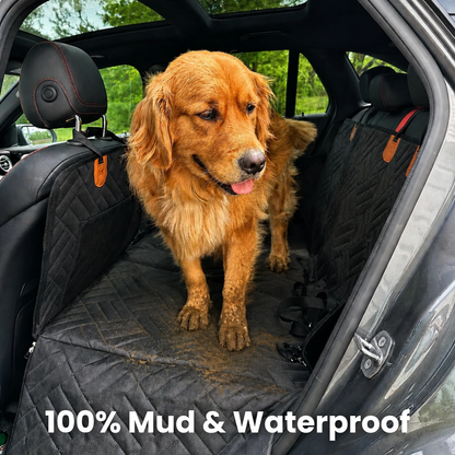 FurMuse CozyRider pet car mat shown in black with soft, plush fabric and secure straps for comfortable car travel.